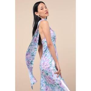 Lulus Malani Light Blue Floral Satin Sash Midi Dress - Size S